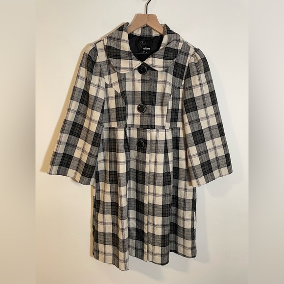 Takara Jackets & Blazers - Takara Collared Plaid Long Wool Blend Lightweight Pea Coat 3/4 Sleeve Size Large